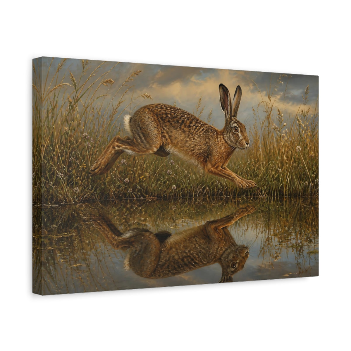 Side Mockup 4. Animals Leaping Hare Brown Hare shown as stretched canvas wall art