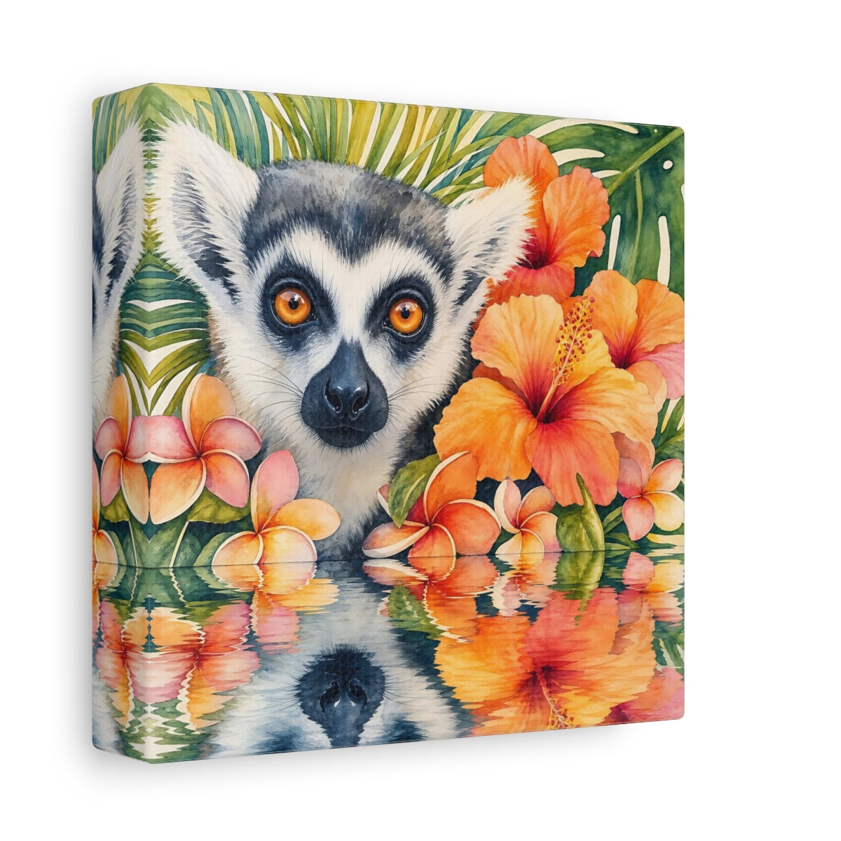 Side Mockup 2. Animals Lemur Orange Green shown as stretched canvas wall art
