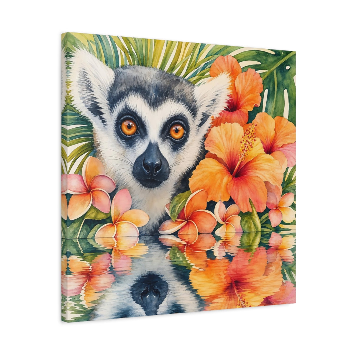 Side Mockup 4. Animals Lemur Orange Green shown as stretched canvas wall art