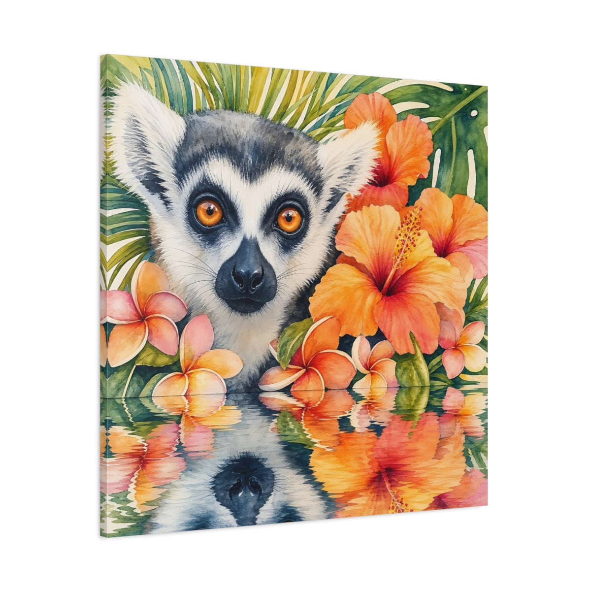 Side Mockup 1. Animals Lemur Orange Green shown as stretched canvas wall art