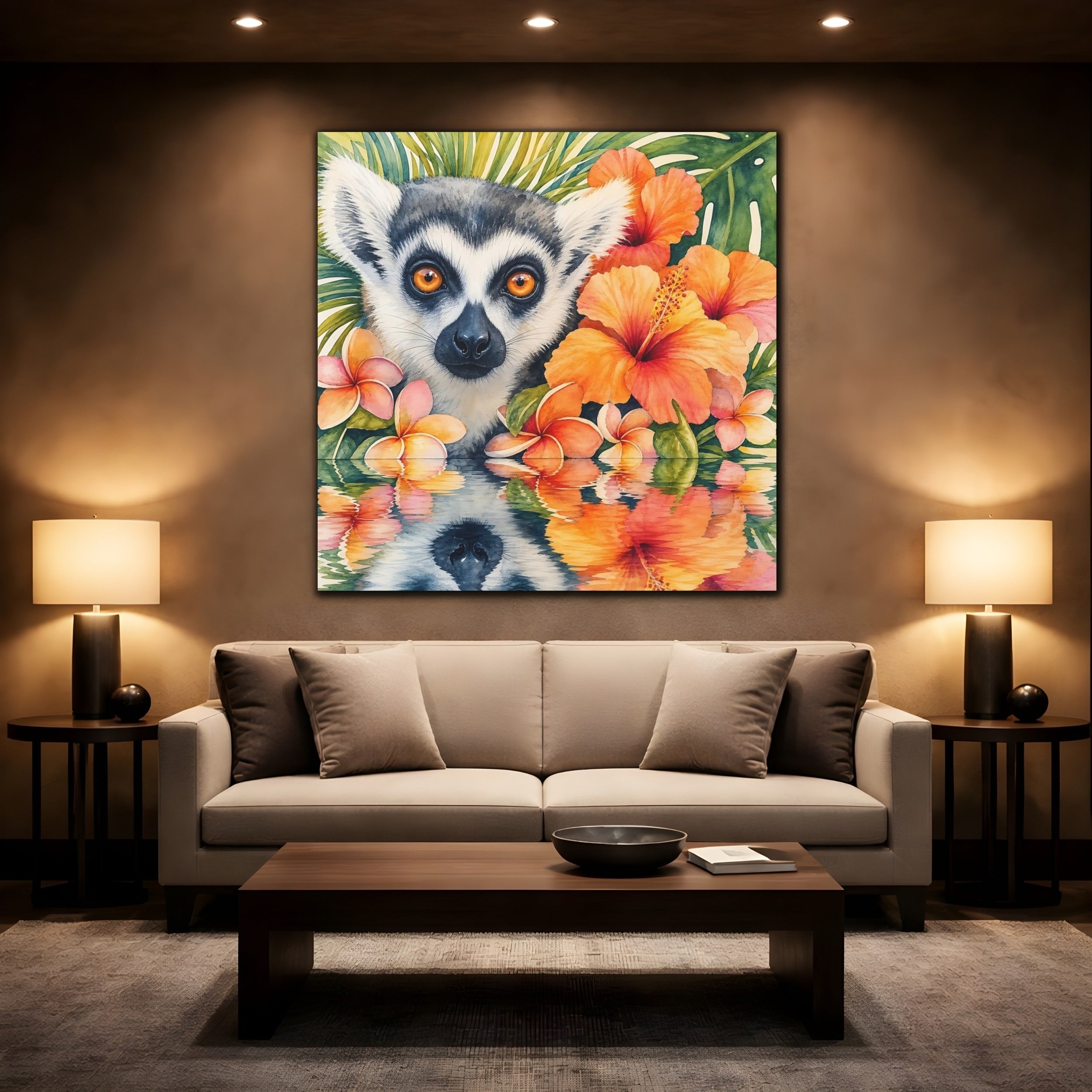Mockup 2. Animals Lemur Orange Green shown as stretched canvas wall art