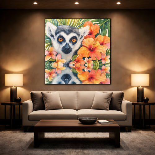 Mockup 2. Animals Lemur Orange Green shown as stretched canvas wall art