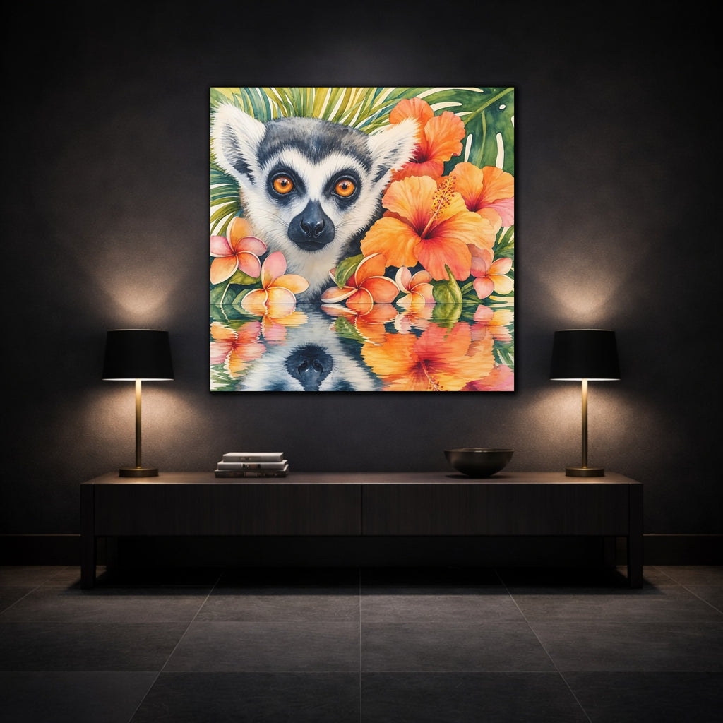 Mockup 3. Animals Lemur Orange Green shown as stretched canvas wall art