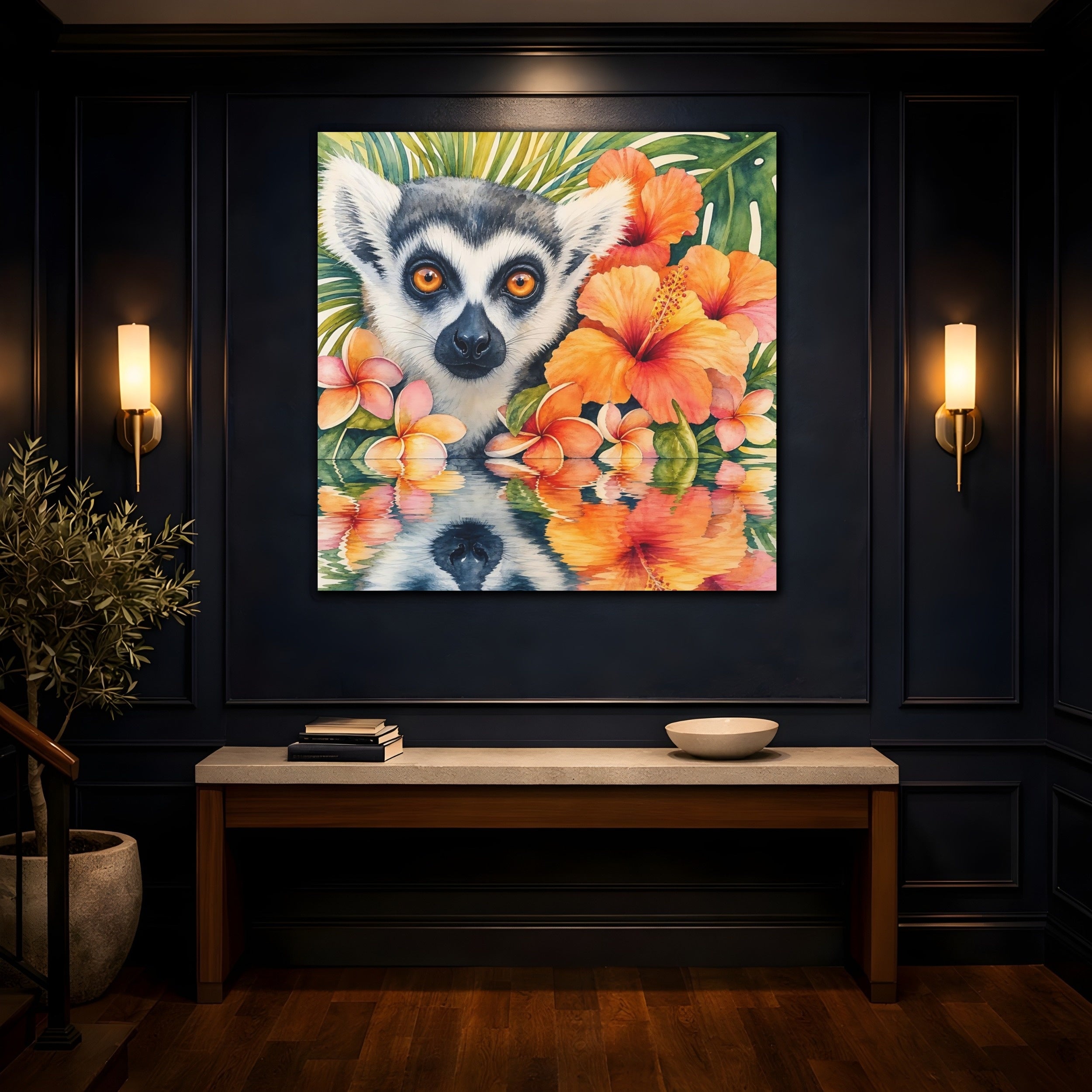 Mockup 4. Animals Lemur Orange Green shown as stretched canvas wall art