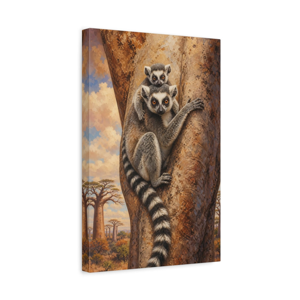 Side Mockup 4. Animals Lemurs Brown And Grey Lemurs shown as stretched canvas wall art