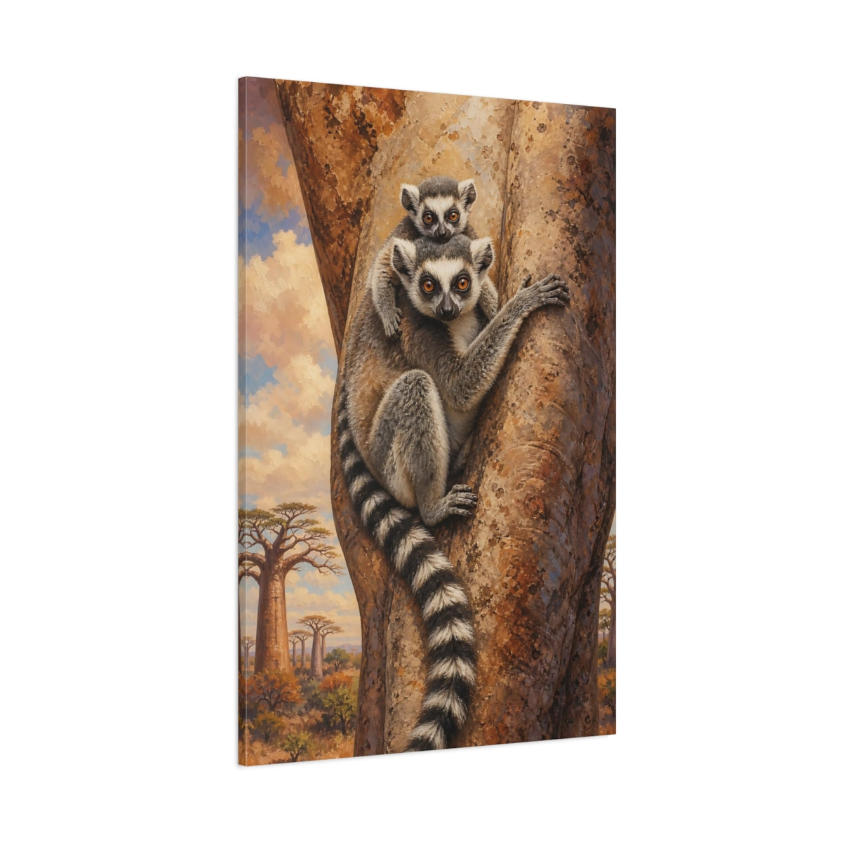 Side Mockup 1. Animals Lemurs Brown And Grey Lemurs shown as stretched canvas wall art