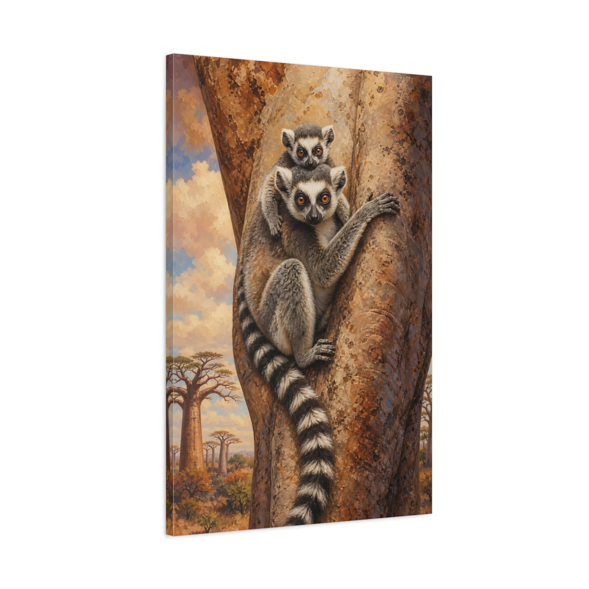 Main Mockup. Animals Lemurs Brown And Grey Lemurs shown as stretched canvas wall art