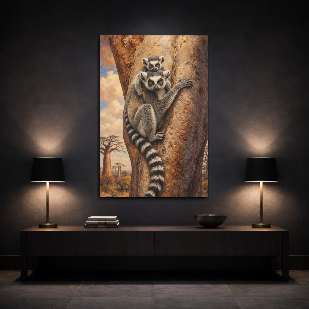 Mockup 3. Animals Lemurs Brown And Grey Lemurs shown as stretched canvas wall art