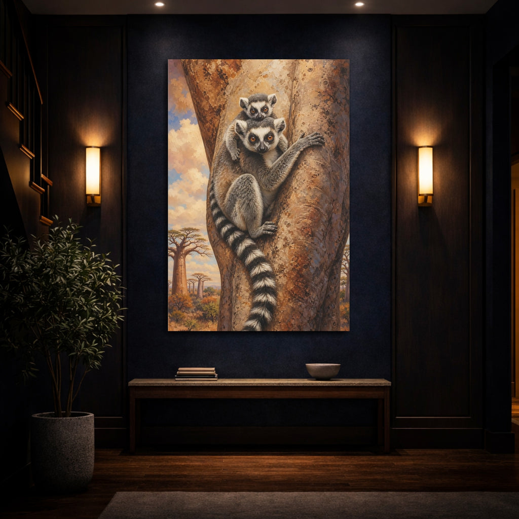 Mockup 4. Animals Lemurs Brown And Grey Lemurs shown as stretched canvas wall art