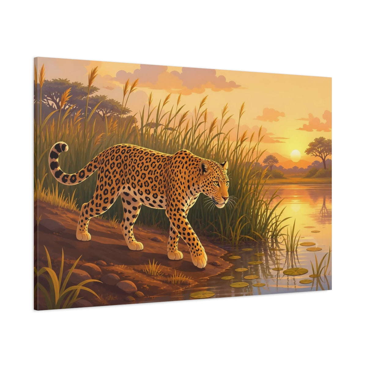 Side Mockup 1. Animals Leopard Golden Leopard shown as stretched canvas wall art