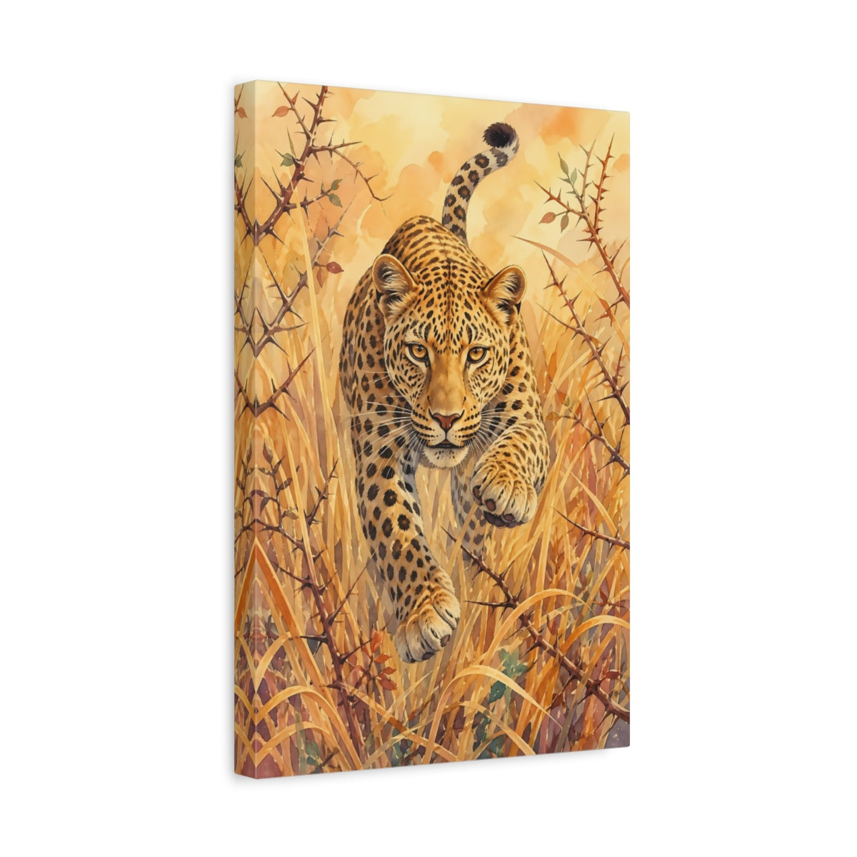 Side Mockup 4. Animals Leopard Golden Leopard shown as stretched canvas wall art
