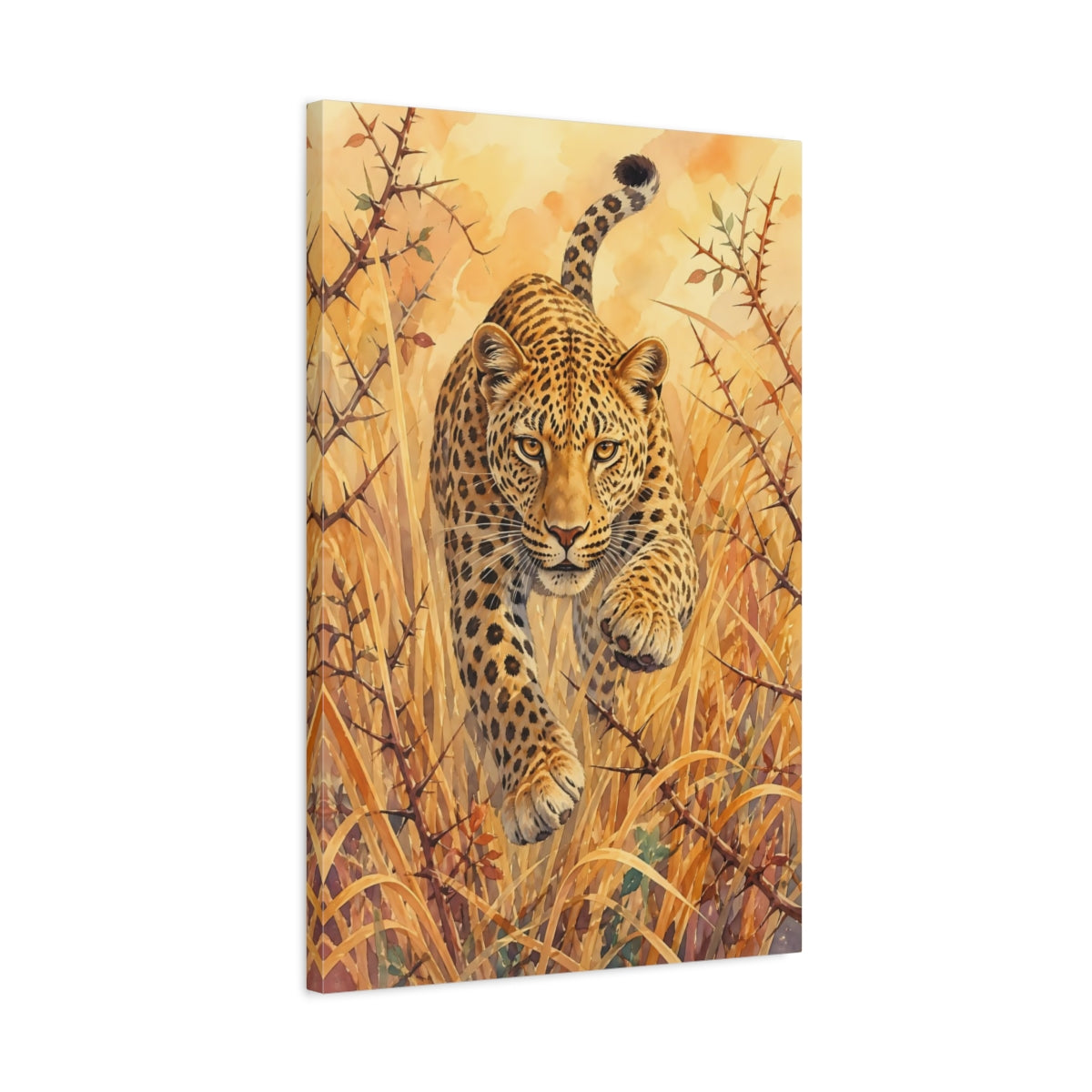 Side Mockup 2. Animals Leopard Golden Leopard shown as stretched canvas wall art