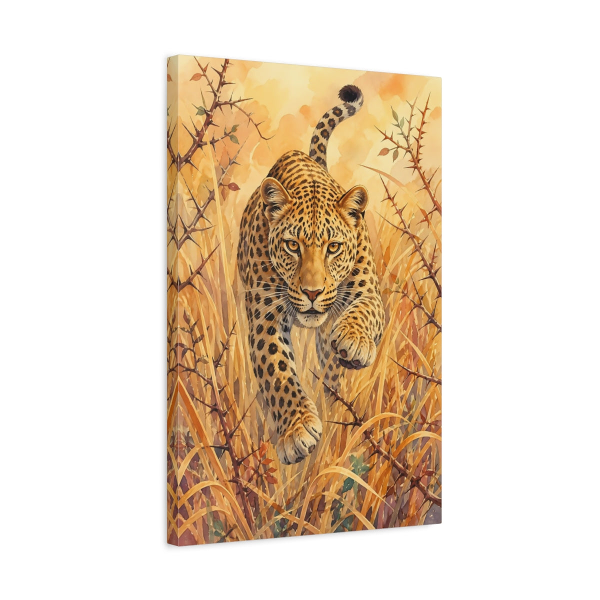 Side Mockup 3. Animals Leopard Golden Leopard shown as stretched canvas wall art