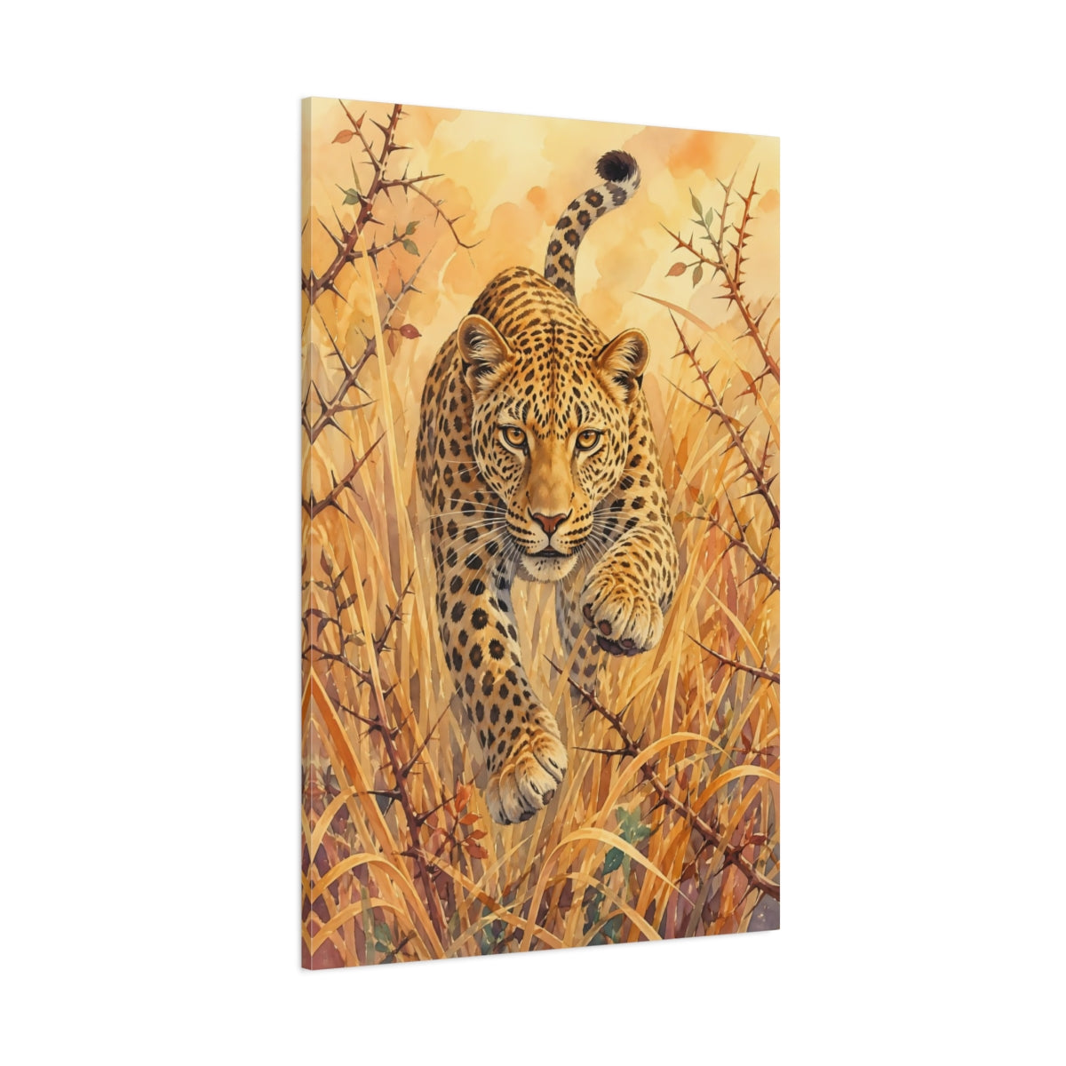 Side Mockup 1. Animals Leopard Golden Leopard shown as stretched canvas wall art