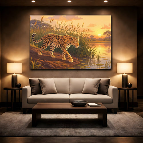 Mockup 2. Animals Leopard Golden Leopard shown as stretched canvas wall art