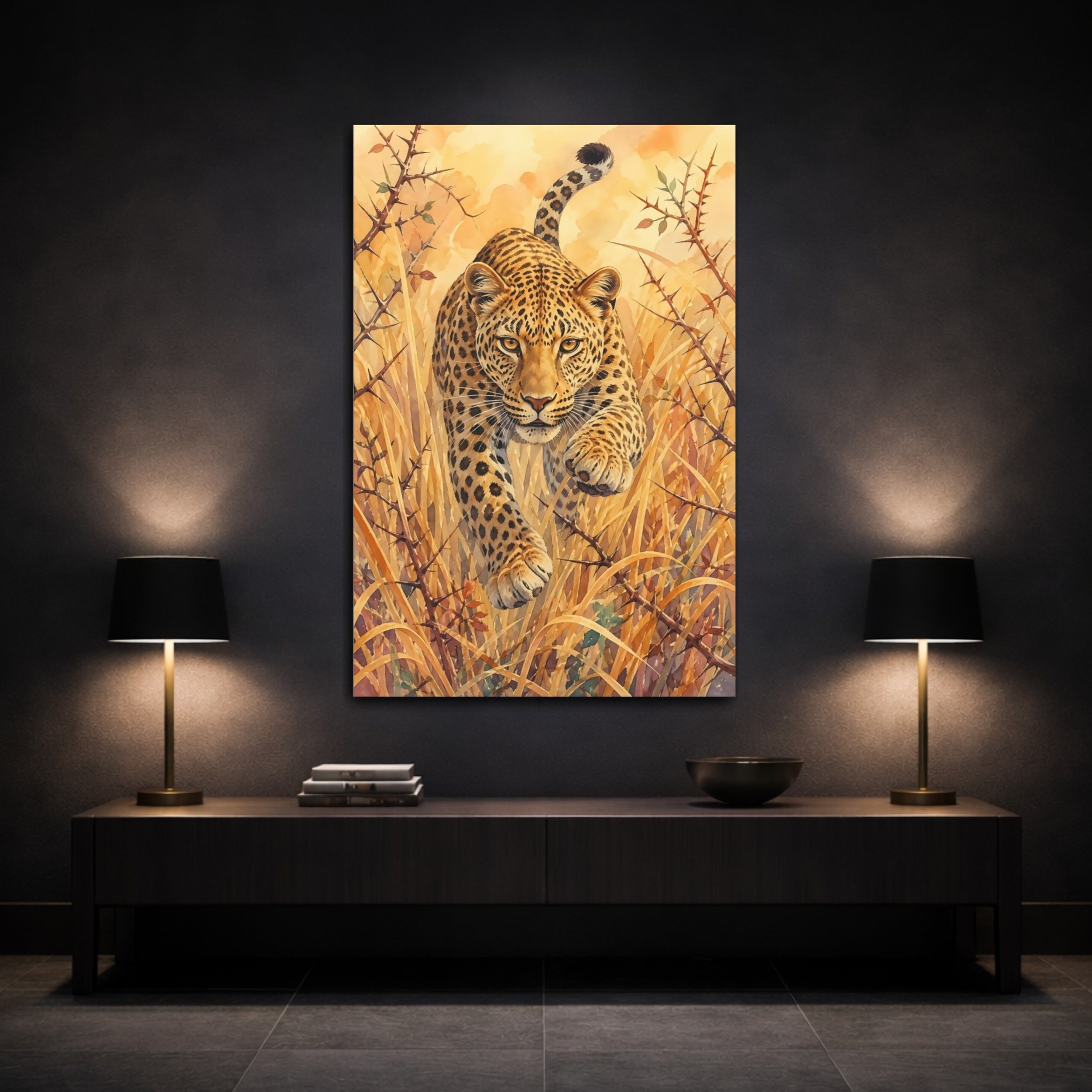 Mockup 3. Animals Leopard Golden Leopard shown as stretched canvas wall art