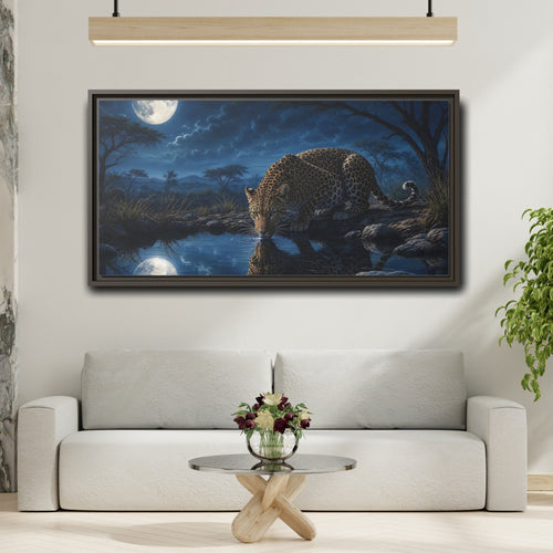 Mockup 2. Animals Leopard Leopard Moonlight Blue shown as stretched canvas wall art