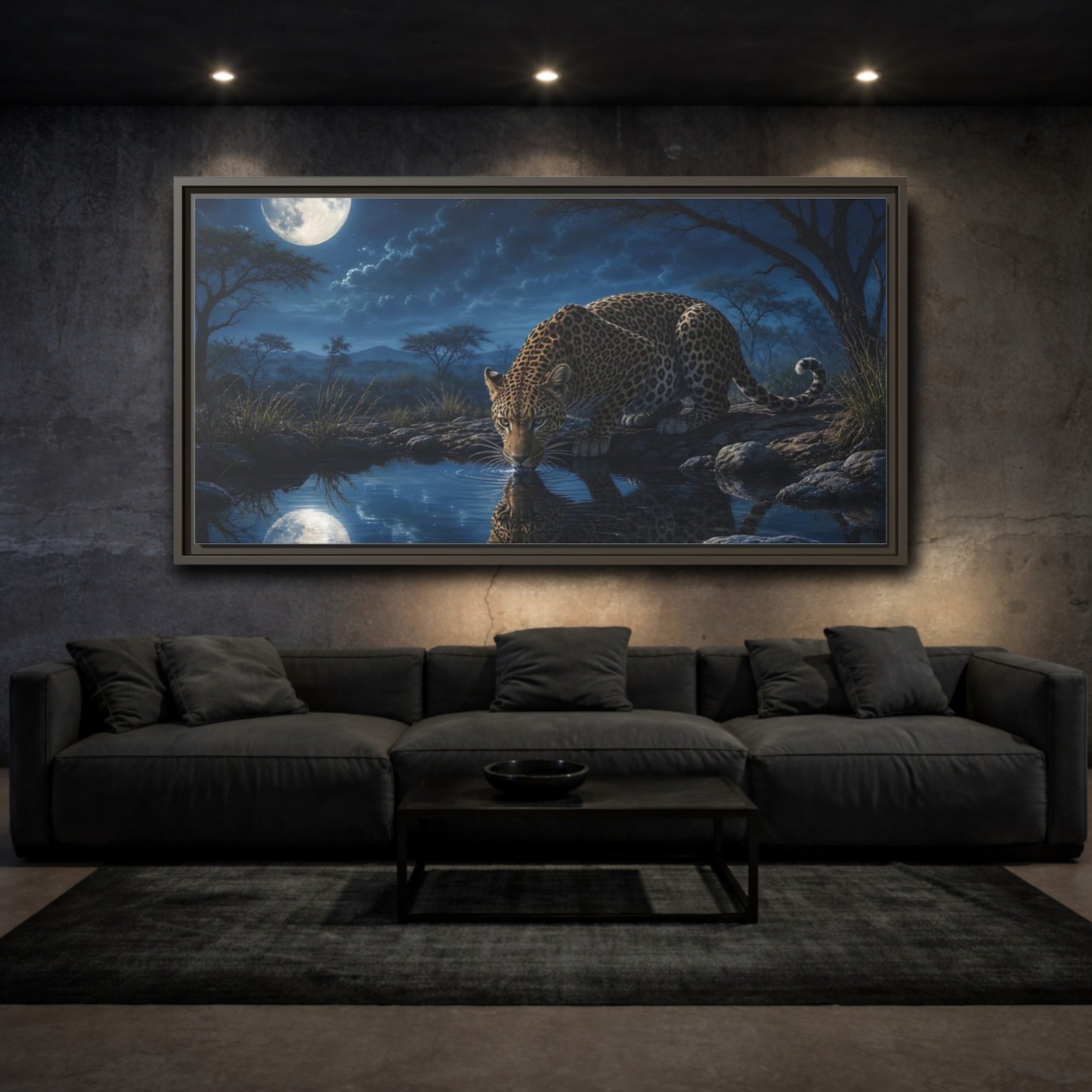 Mockup 3. Animals Leopard Leopard Moonlight Blue shown as stretched canvas wall art