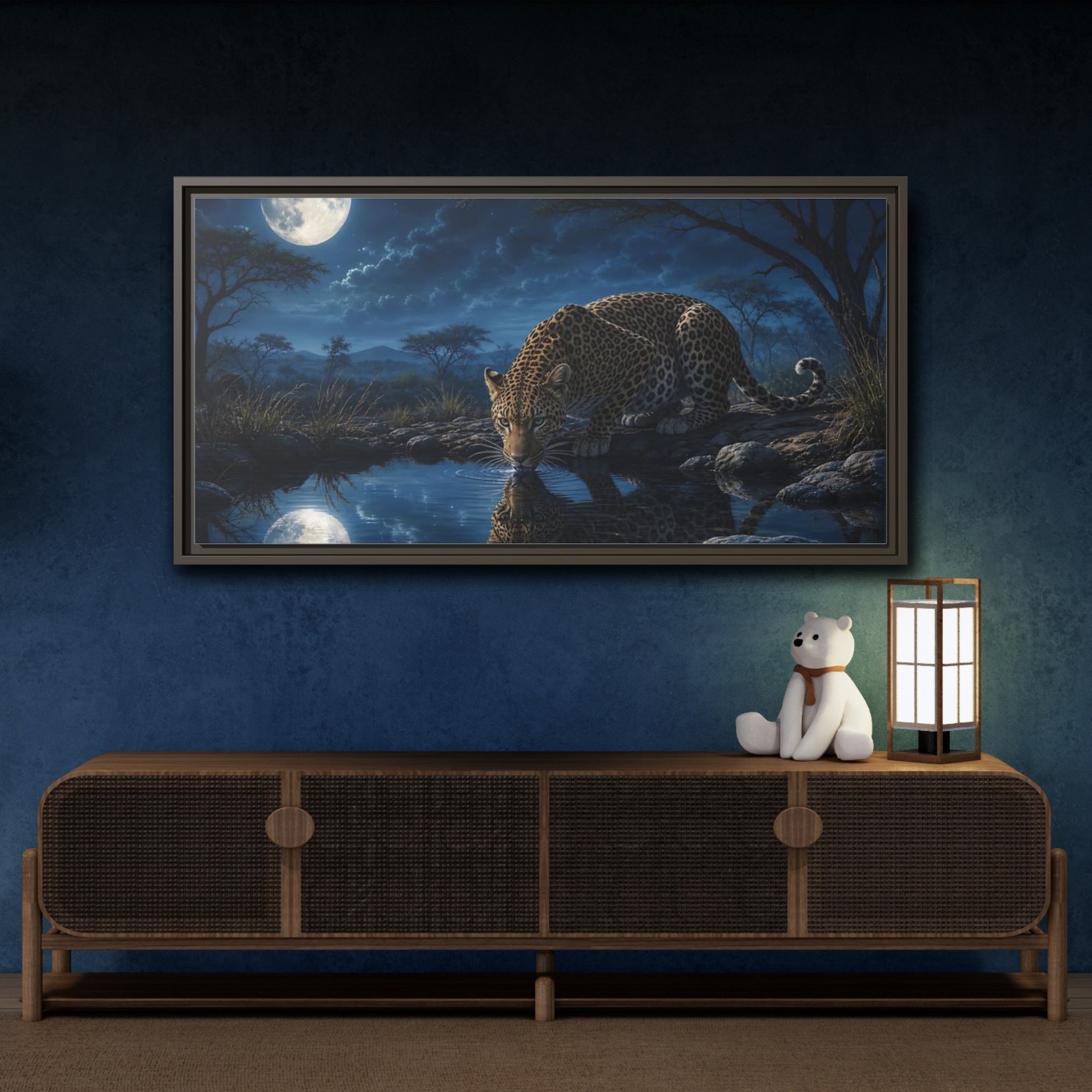 Mockup 4. Animals Leopard Leopard Moonlight Blue shown as stretched canvas wall art