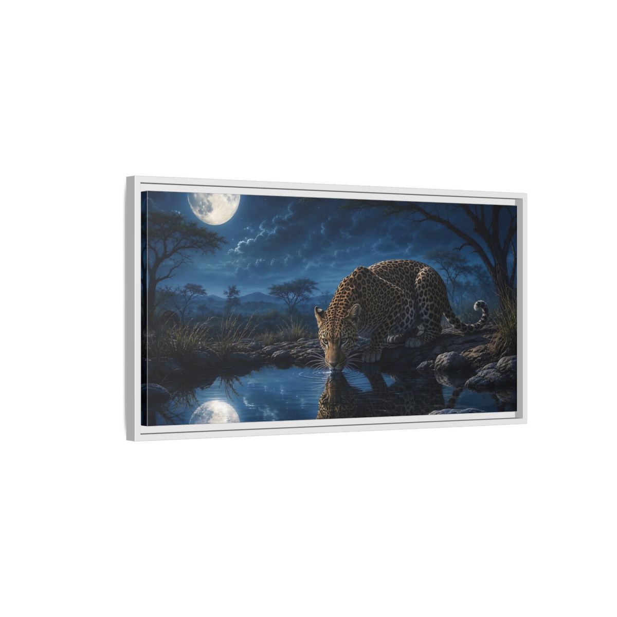 Side Mockup 1. Animals Leopard Leopard Moonlight Blue shown as stretched canvas wall art