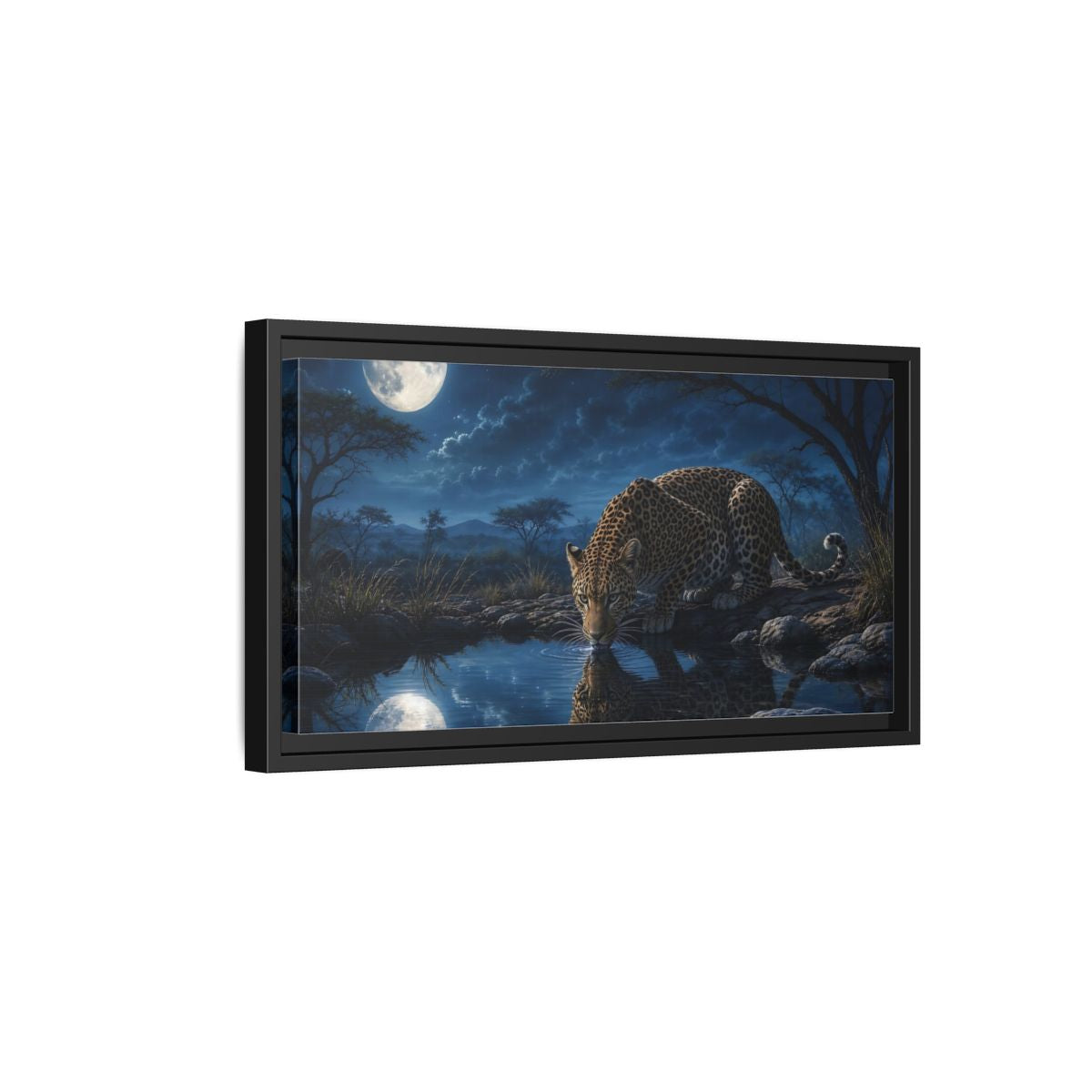 Side Mockup 8. Animals Leopard Leopard Moonlight Blue shown as stretched canvas wall art
