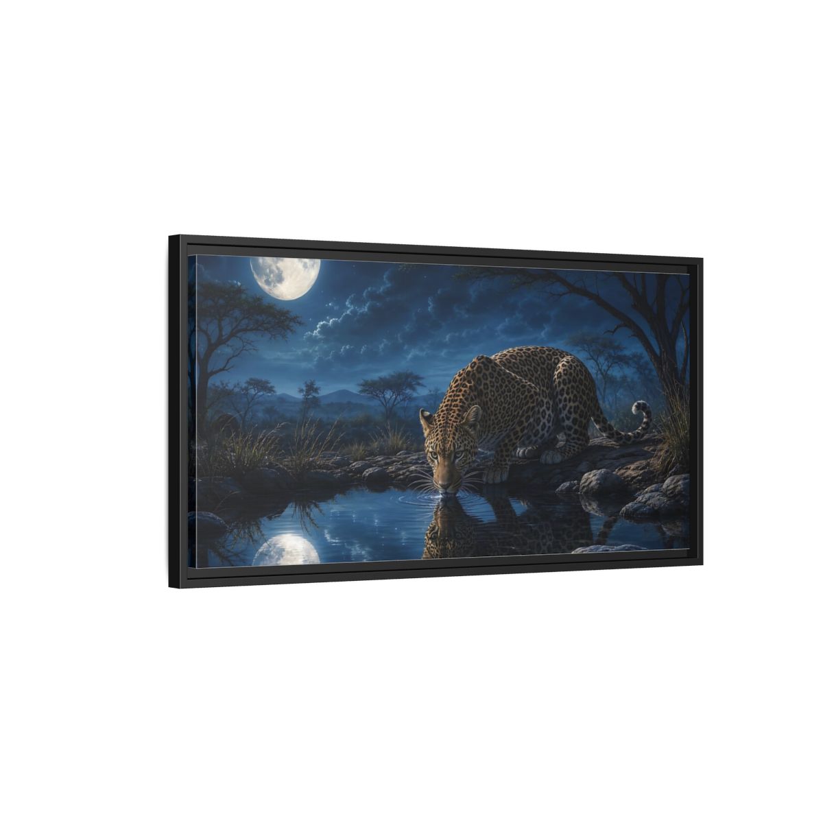 Side Mockup 2. Animals Leopard Leopard Moonlight Blue shown as stretched canvas wall art