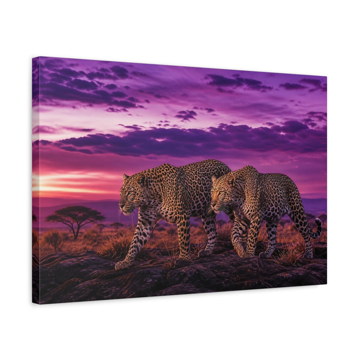 Side Mockup 3. Animals Leopards Purple Leopard shown as canvas print