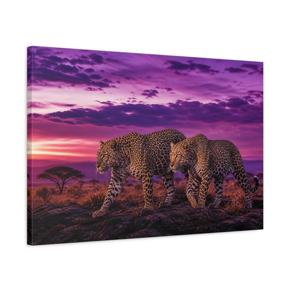 Side Mockup 2. Animals Leopards Purple Leopard shown as canvas print
