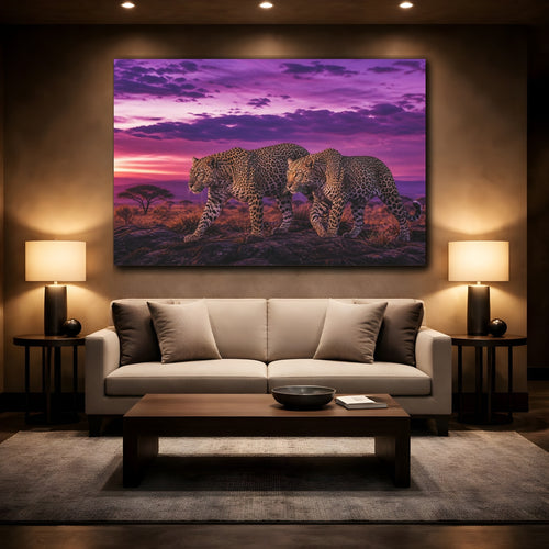 Mockup 2. Animals Leopards Purple Leopard shown as canvas print