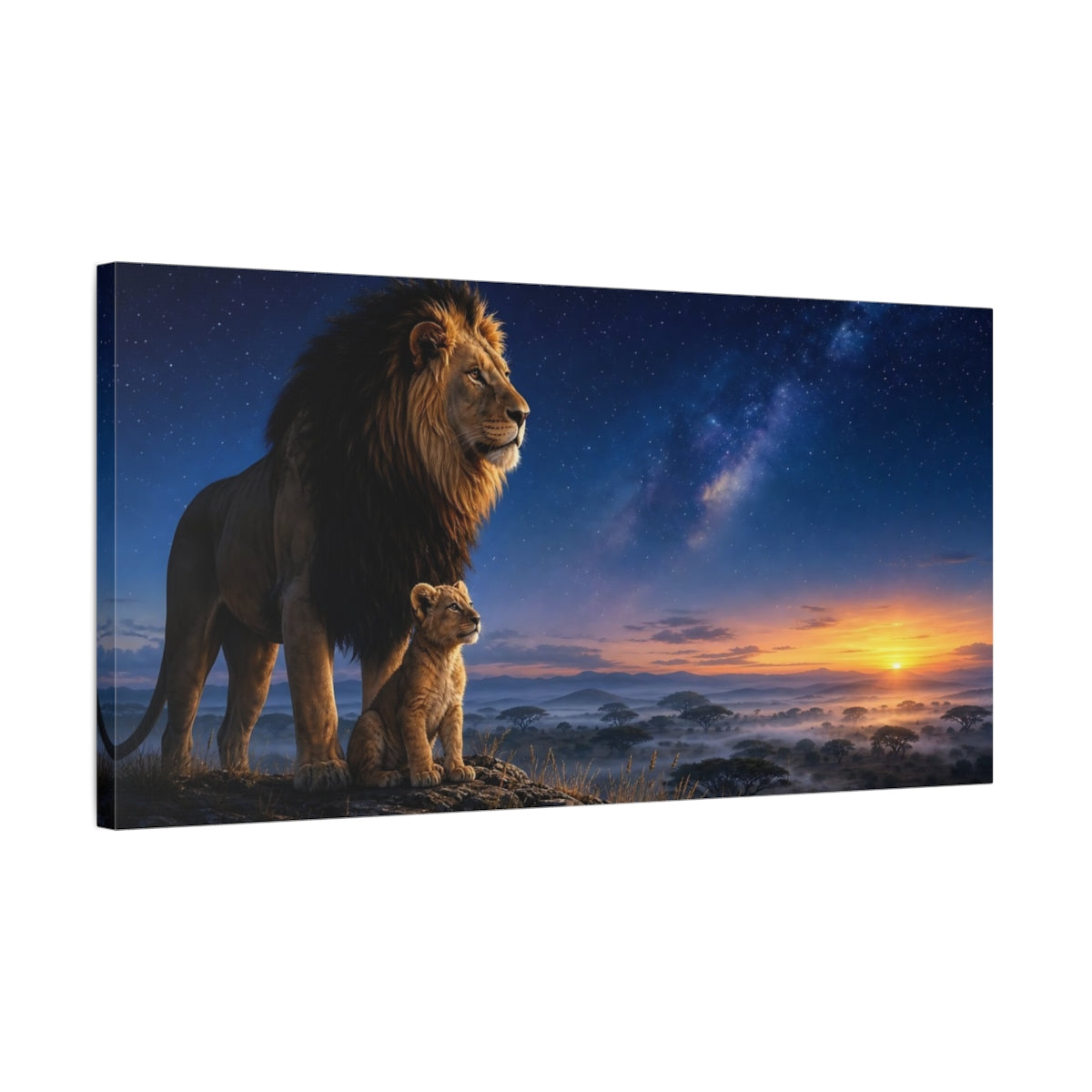Side Mockup 1. Animals Lion And Cub Lion Family Sunset shown as stretched canvas wall art