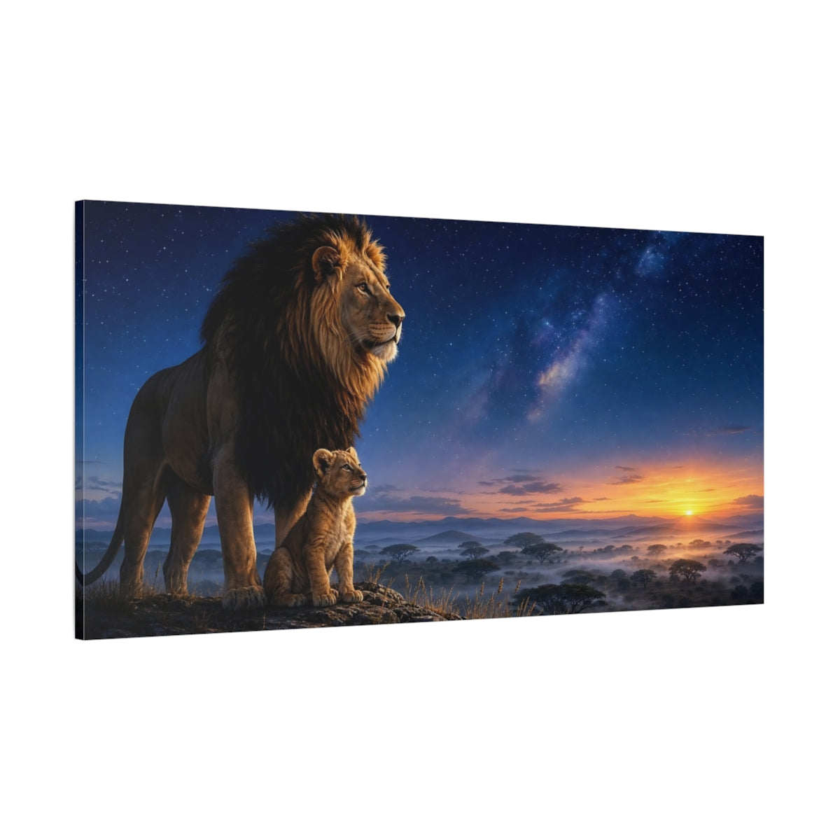 Side Mockup 2. Animals Lion And Cub Lion Family Sunset shown as stretched canvas wall art