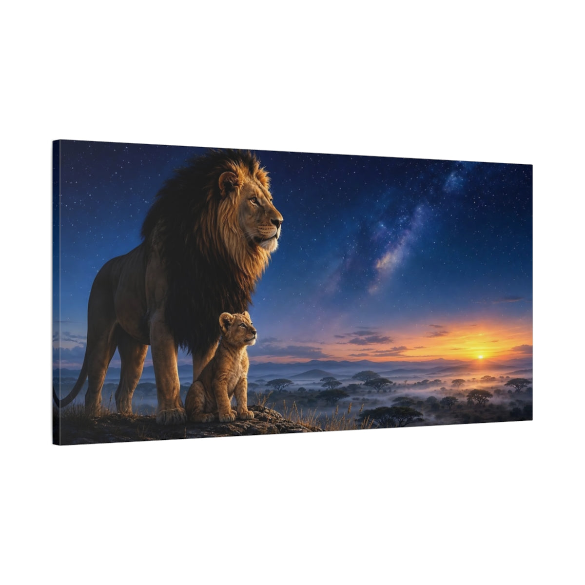 Main Mockup. Animals Lion And Cub Lion Family Sunset shown as stretched canvas wall art