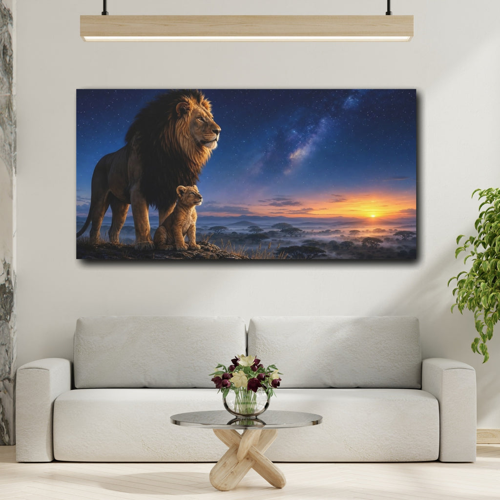 Mockup 2. Animals Lion And Cub Lion Family Sunset shown as stretched canvas wall art