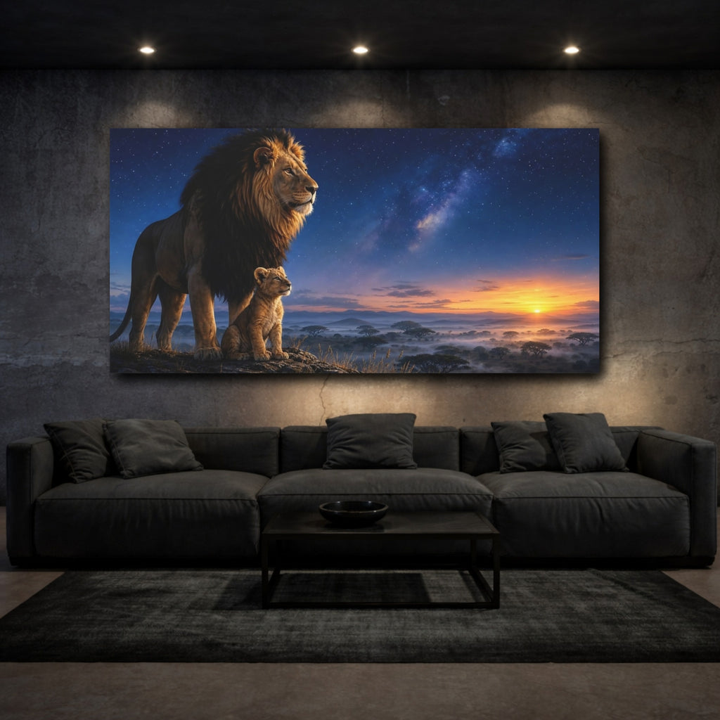Mockup 3. Animals Lion And Cub Lion Family Sunset shown as stretched canvas wall art