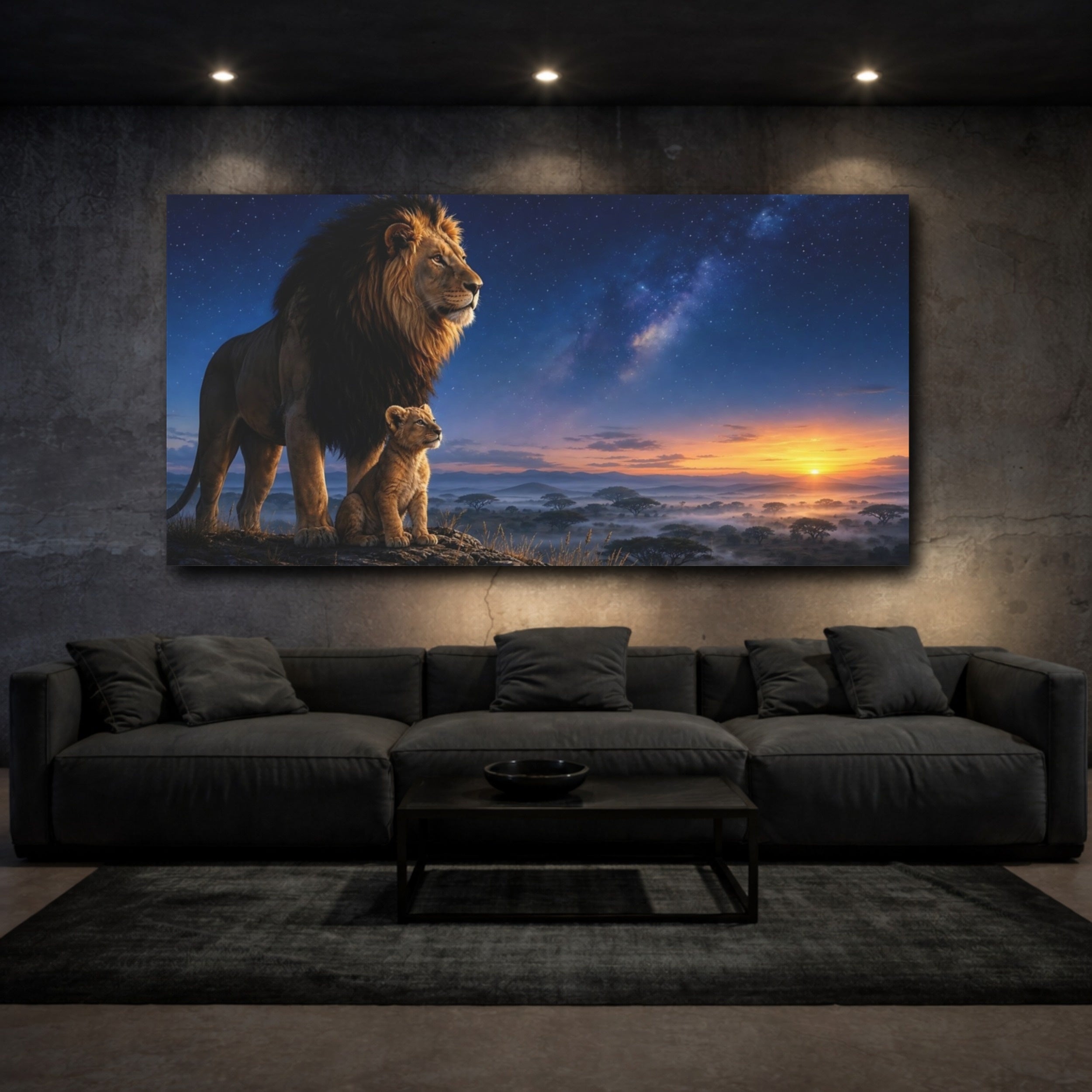 Mockup 3. Animals Lion And Cub Lion Family Sunset shown as stretched canvas wall art
