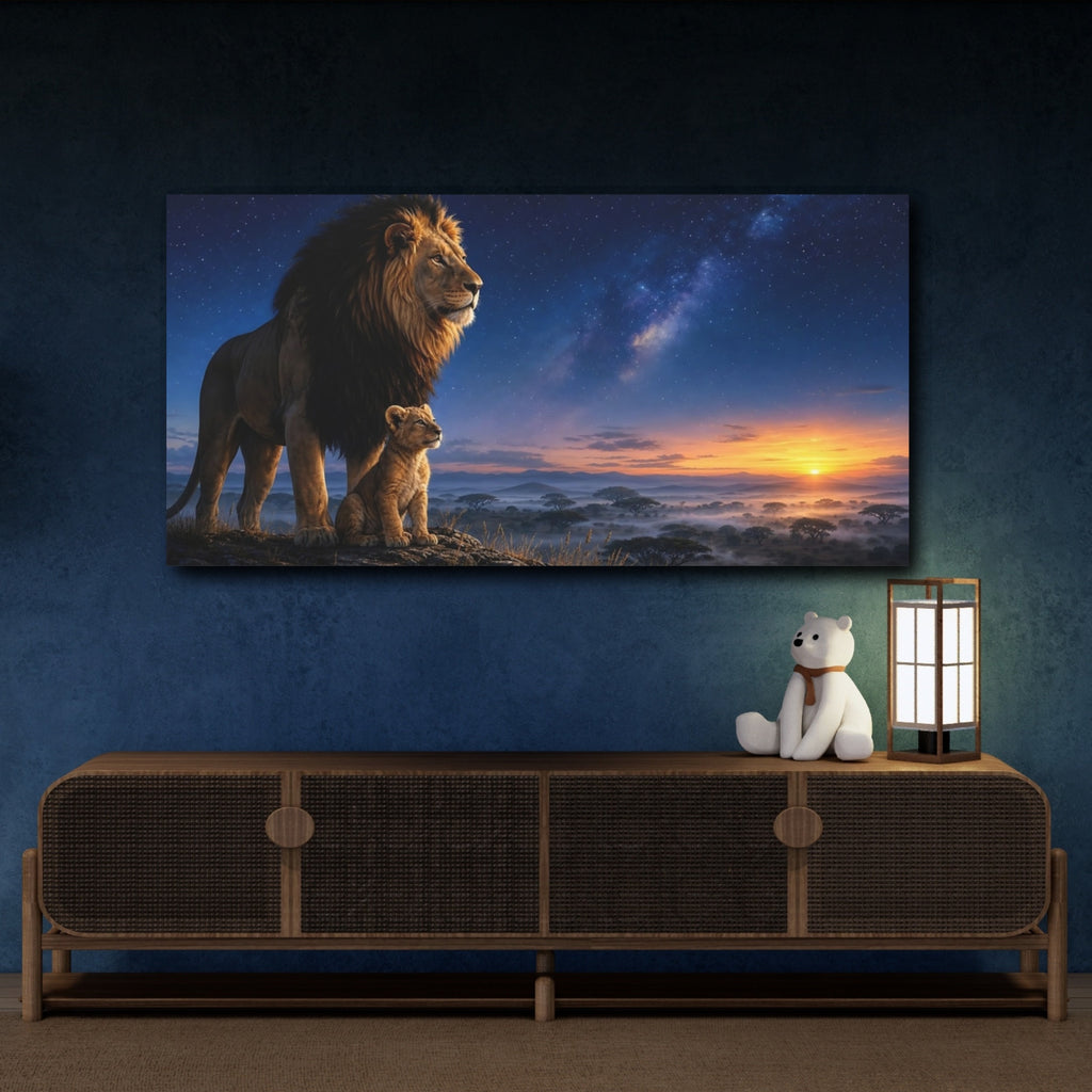 Mockup 4. Animals Lion And Cub Lion Family Sunset shown as stretched canvas wall art