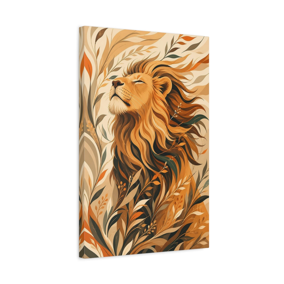 Side Mockup 3. Animals Lion Brown And Orange Lion shown as stretched canvas wall art