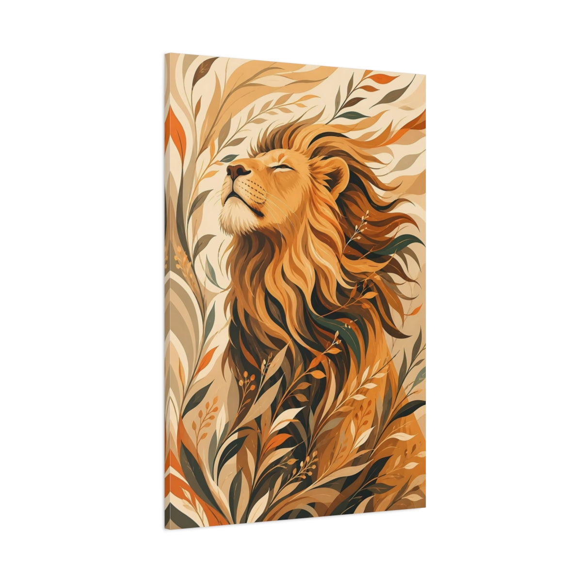 Side Mockup 1. Animals Lion Brown And Orange Lion shown as stretched canvas wall art