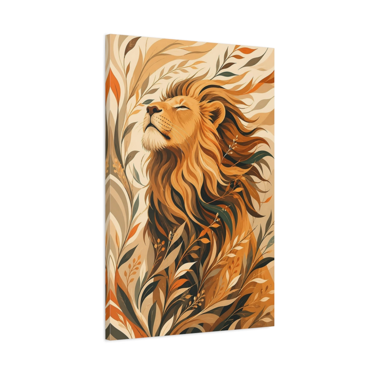 Main Mockup. Animals Lion Brown And Orange Lion shown as stretched canvas wall art
