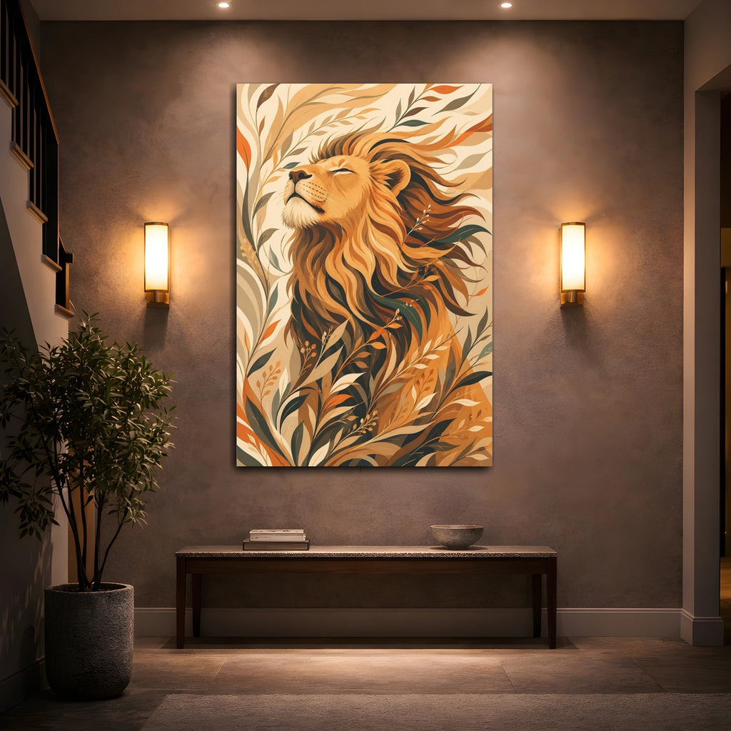 Mockup 2. Animals Lion Brown And Orange Lion shown as stretched canvas wall art
