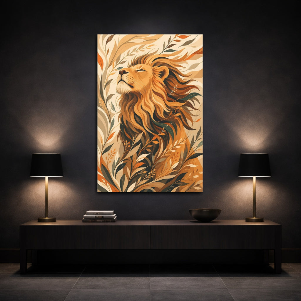 Mockup 3. Animals Lion Brown And Orange Lion shown as stretched canvas wall art