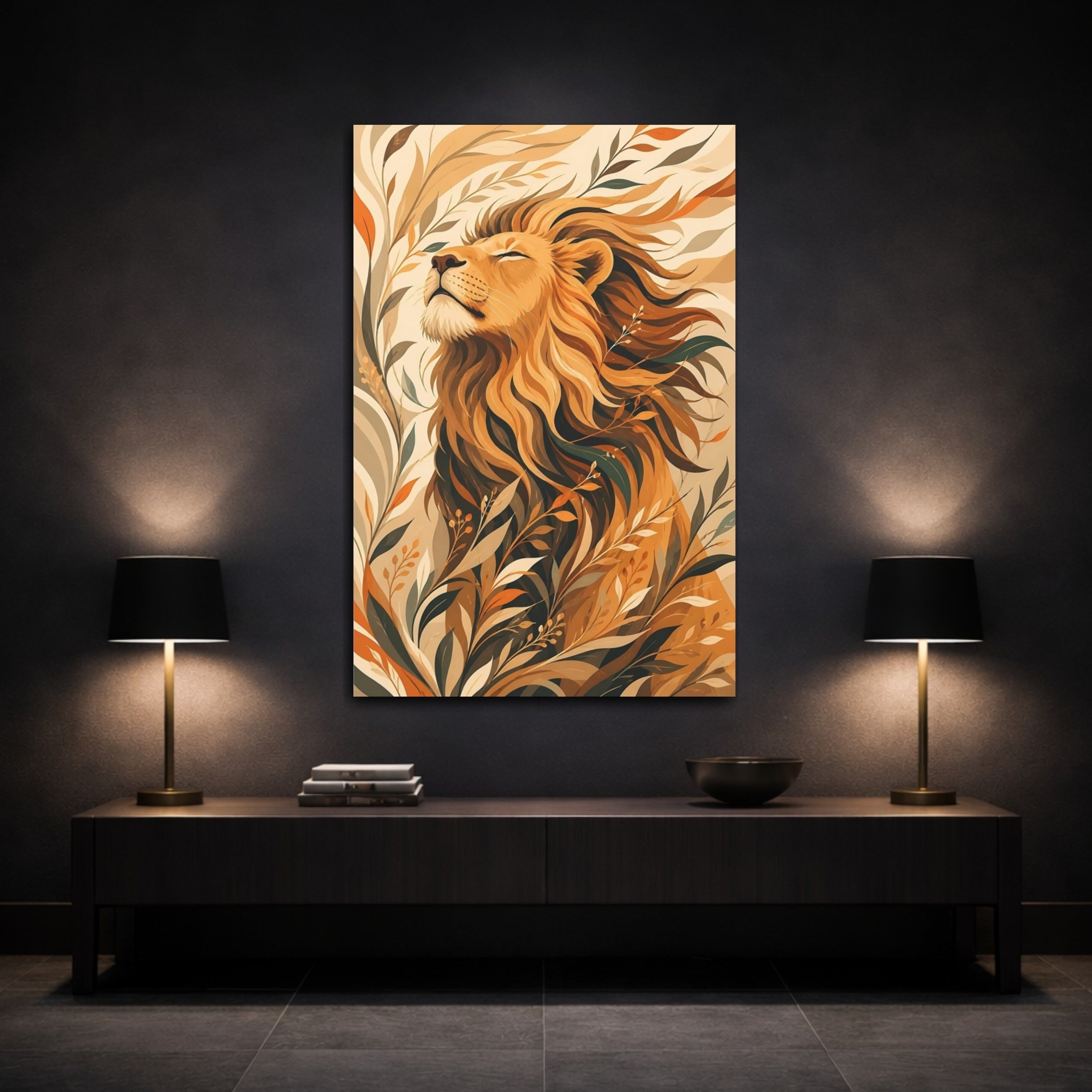 Mockup 3. Animals Lion Brown And Orange Lion shown as stretched canvas wall art
