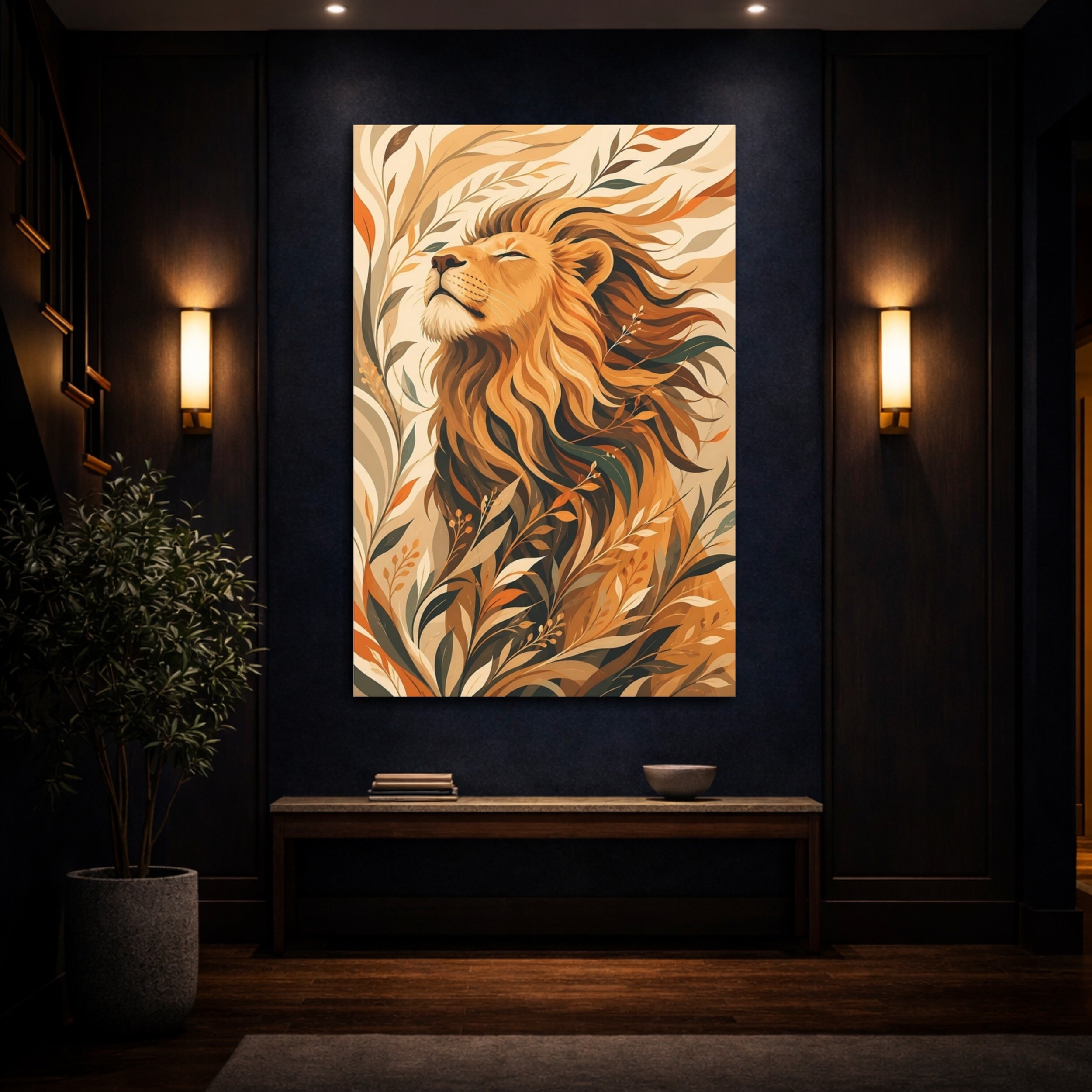 Mockup 4. Animals Lion Brown And Orange Lion shown as stretched canvas wall art