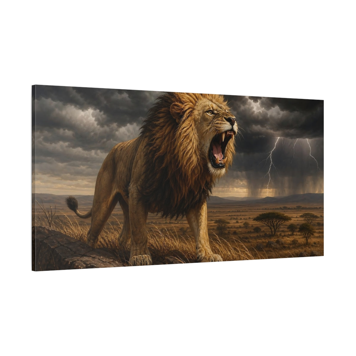 Side Mockup 2. Animals Lion Brown Gold Grey shown as stretched canvas wall art