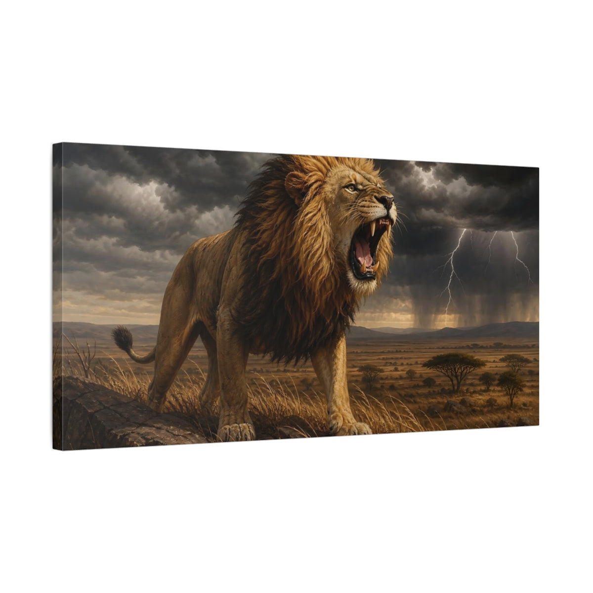 Side Mockup 1. Animals Lion Brown Gold Grey shown as stretched canvas wall art