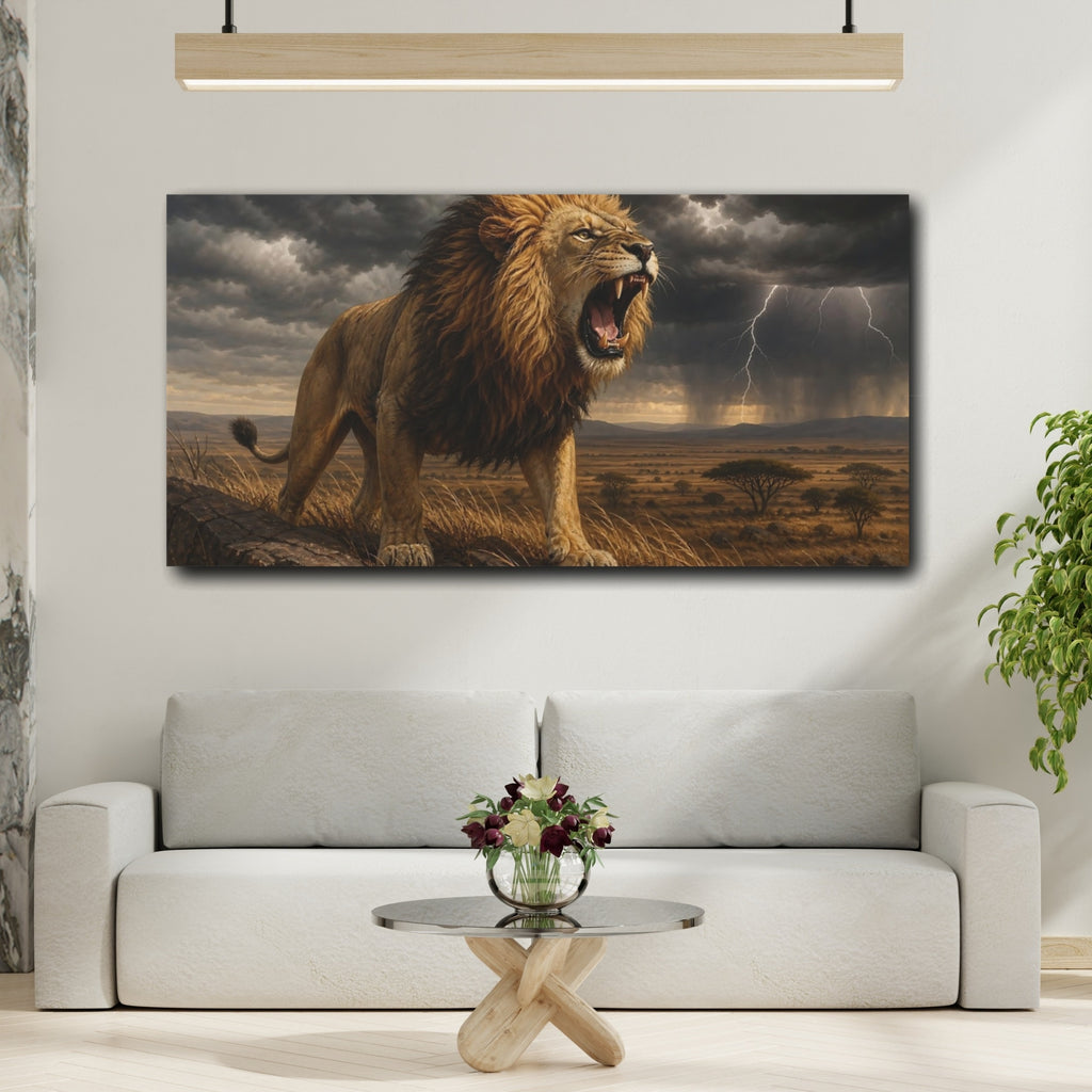 Mockup 2. Animals Lion Brown Gold Grey shown as stretched canvas wall art