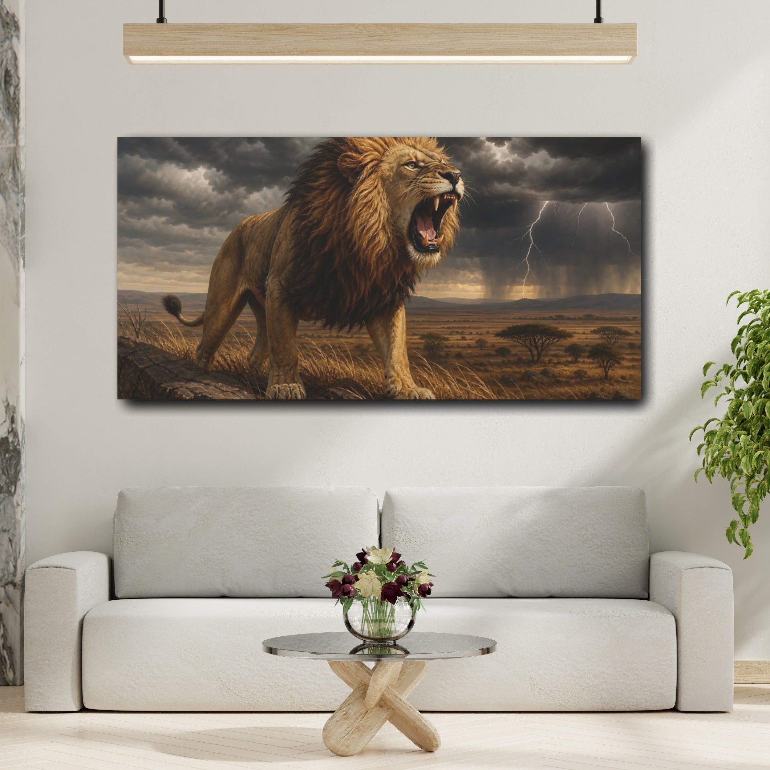 Mockup 2. Animals Lion Brown Gold Grey shown as stretched canvas wall art