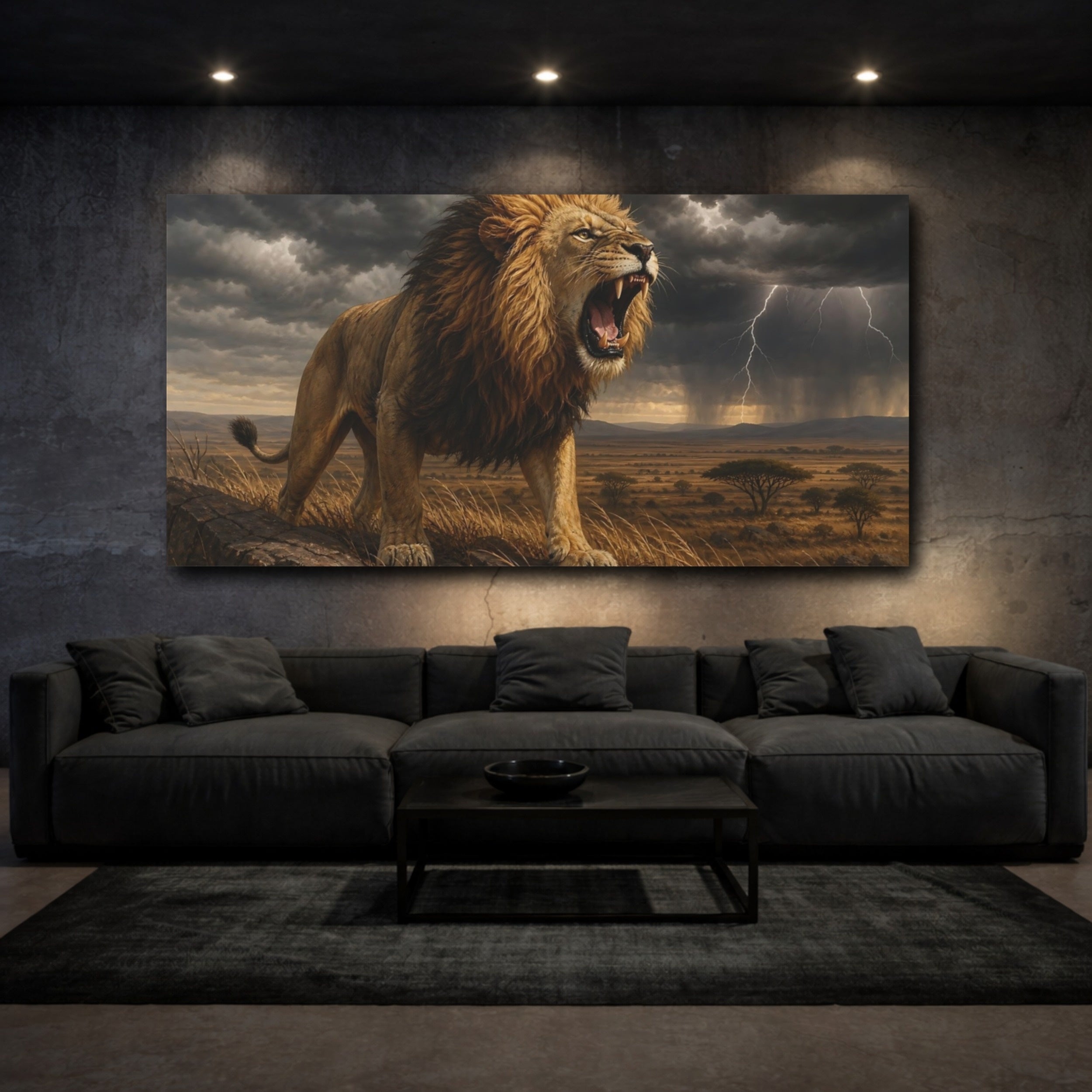 Mockup 3. Animals Lion Brown Gold Grey shown as stretched canvas wall art