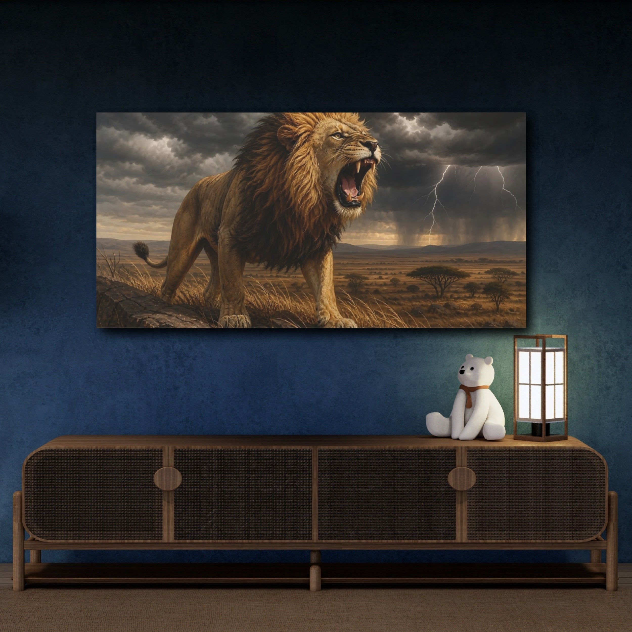 Mockup 4. Animals Lion Brown Gold Grey shown as stretched canvas wall art