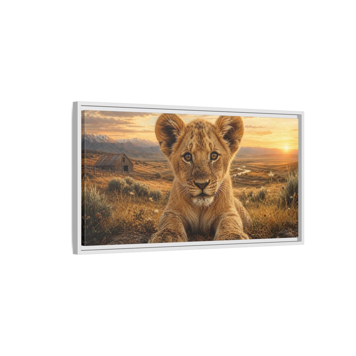 Side Mockup 1. Animals Lion Cub Golden Lion Cub shown as stretched canvas wall art